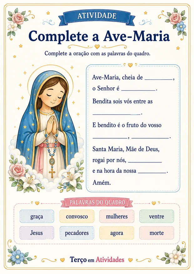 Atividade Complete a Ave-Maria com quadro de palavras para preencher a oração