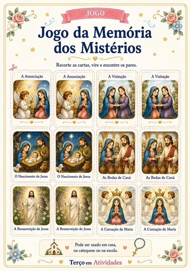 Jogo da Memória dos Mistérios: cartas para recortar e encontrar os pares