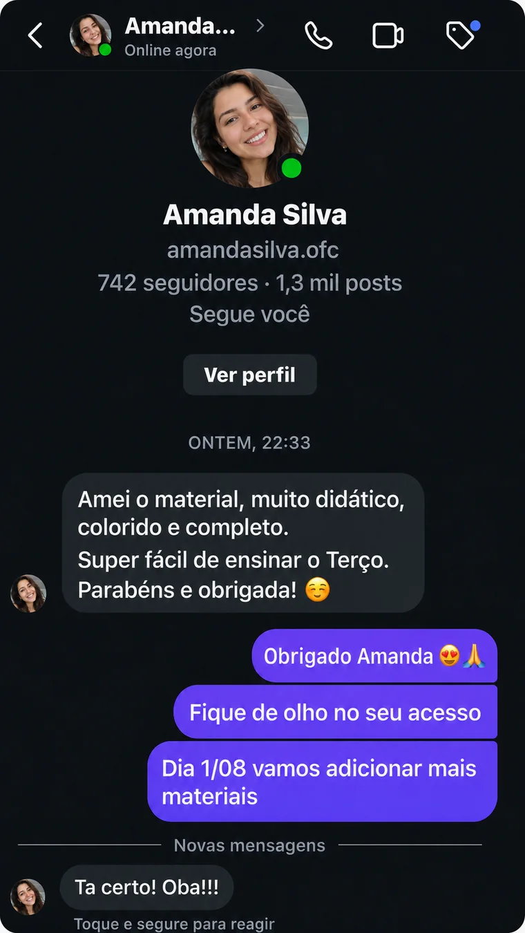 Print de conversa: Amanda Silva diz que amou o material, muito didático, colorido e completo, e que é super fácil de ensinar o Terço