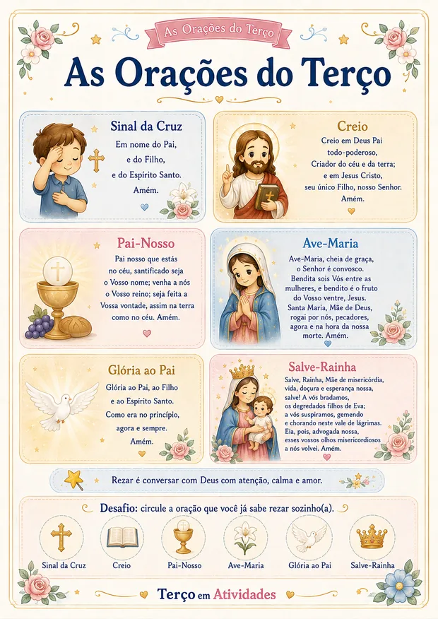 Página As Orações do Terço: Sinal da Cruz, Creio, Pai-Nosso, Ave-Maria, Glória ao Pai e Salve-Rainha