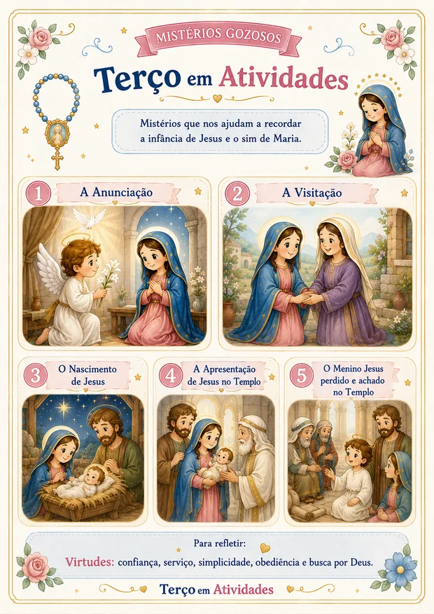 Página dos Mistérios Gozosos ilustrados para crianças