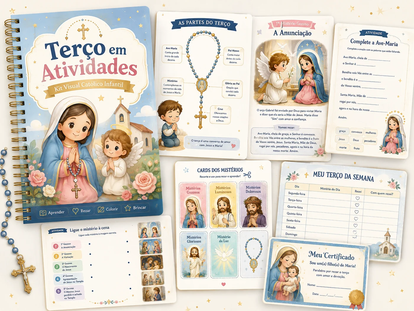 Kit Terço em Atividades — capa e páginas impressas: as partes do terço, mistérios, atividade Complete a Ave-Maria, cards dos mistérios, Meu Terço da Semana e certificado
